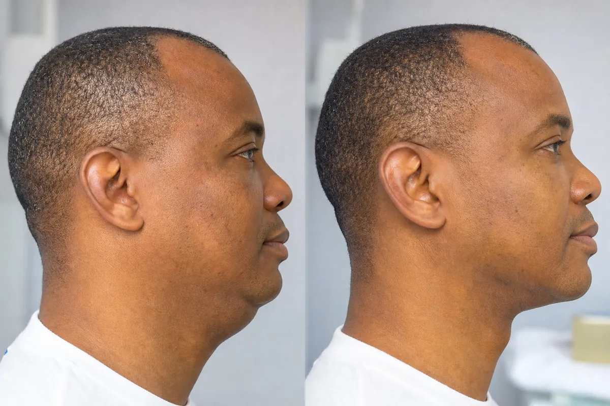 Side-profile close-up of a middle-aged Kenyan man showing before and after results of chin liposuction, highlighting improved jawline and facial contour in a softly lit medical interior.