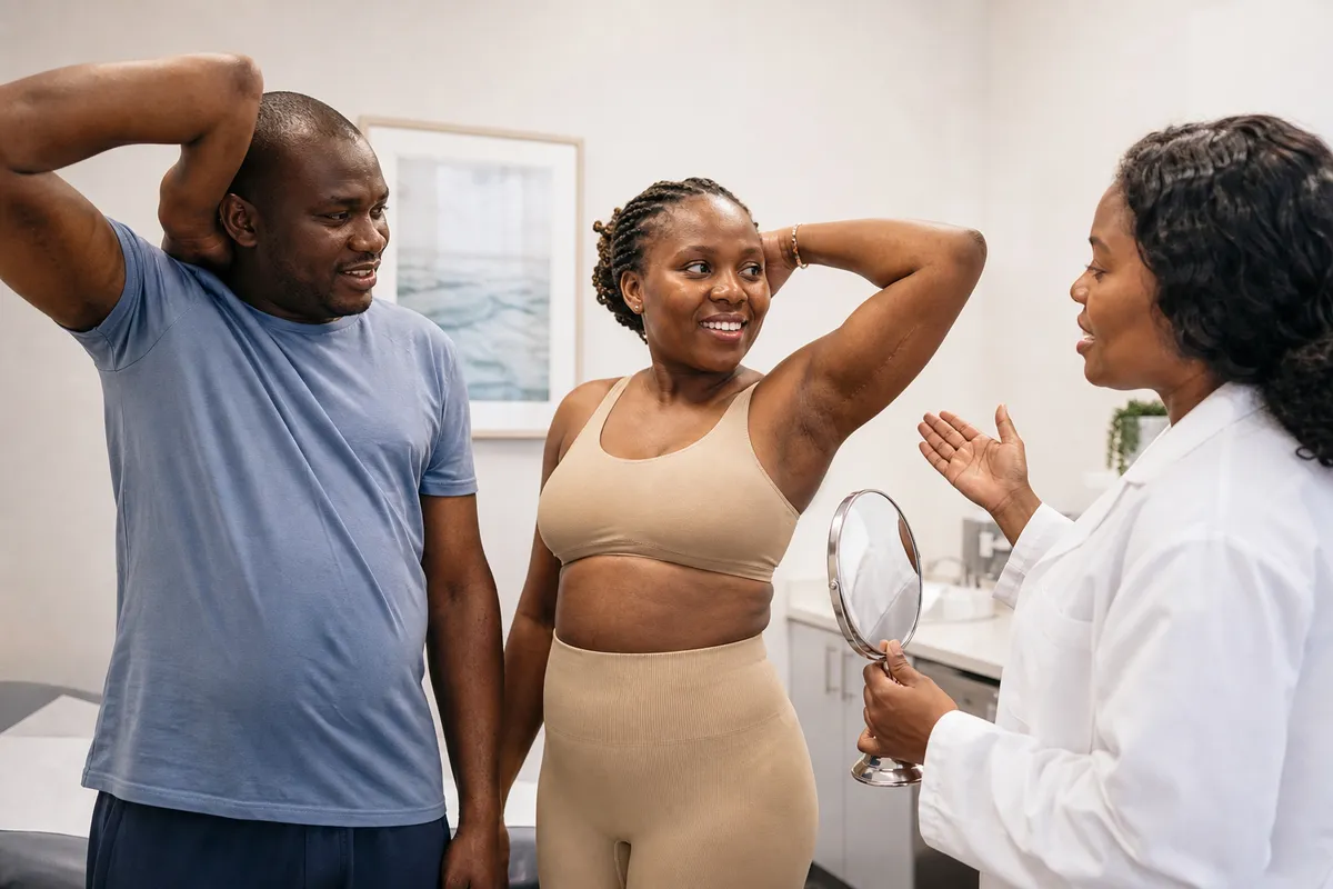 A Kenyan man and woman stand side by side in a medical examination room with their arms partially raised, showing smooth, healed inner arm scars as a physician explains the results using a mirror.