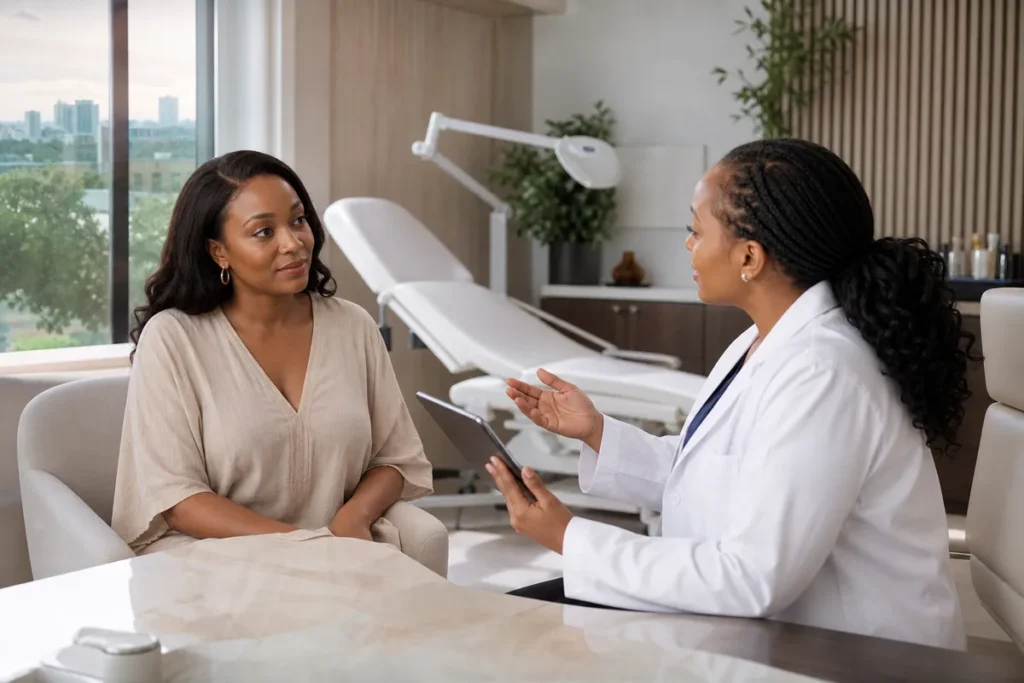 A Kenyan woman consults with a female plastic surgeon in a modern Nairobi clinic, both seated across a desk with a tablet and subtle medical equipment visible.