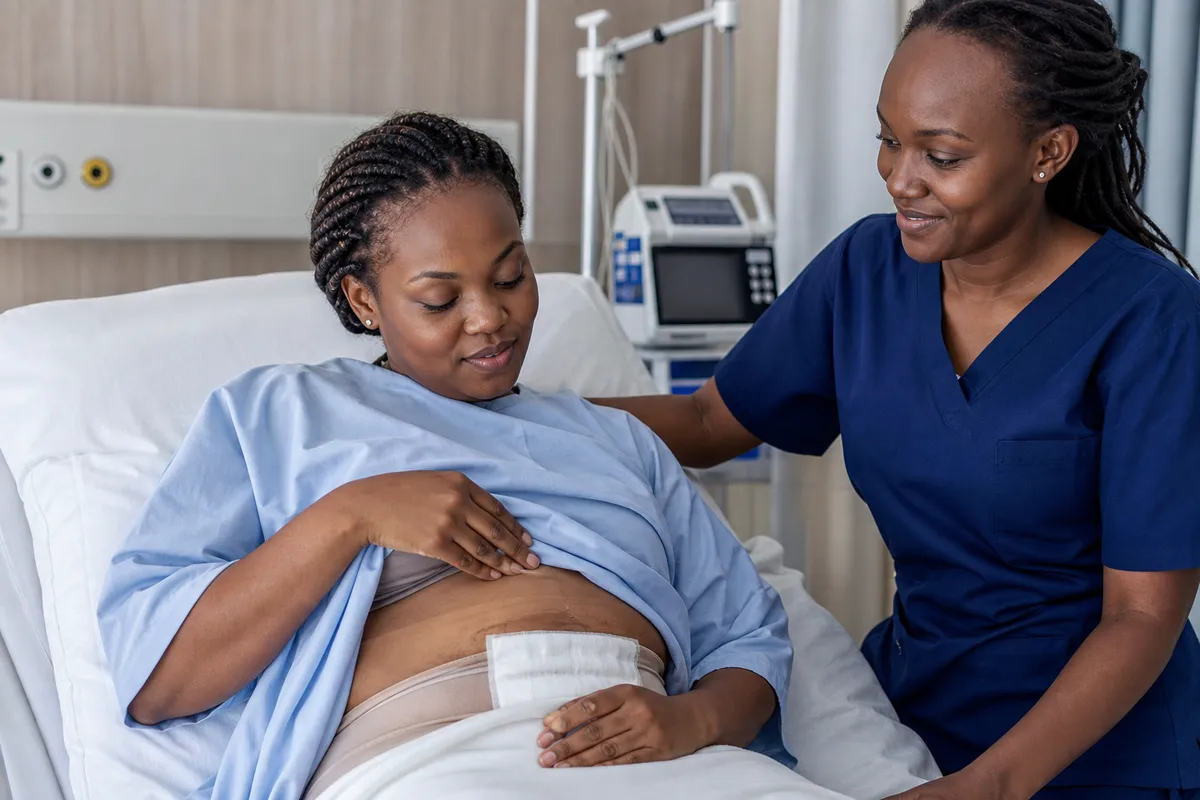 Kenyan woman in her 30s rests on a hospital bed in a recovery suite, gently inspecting her abdomen with surgical dressings visible, as a nurse in scrubs offers comforting support.