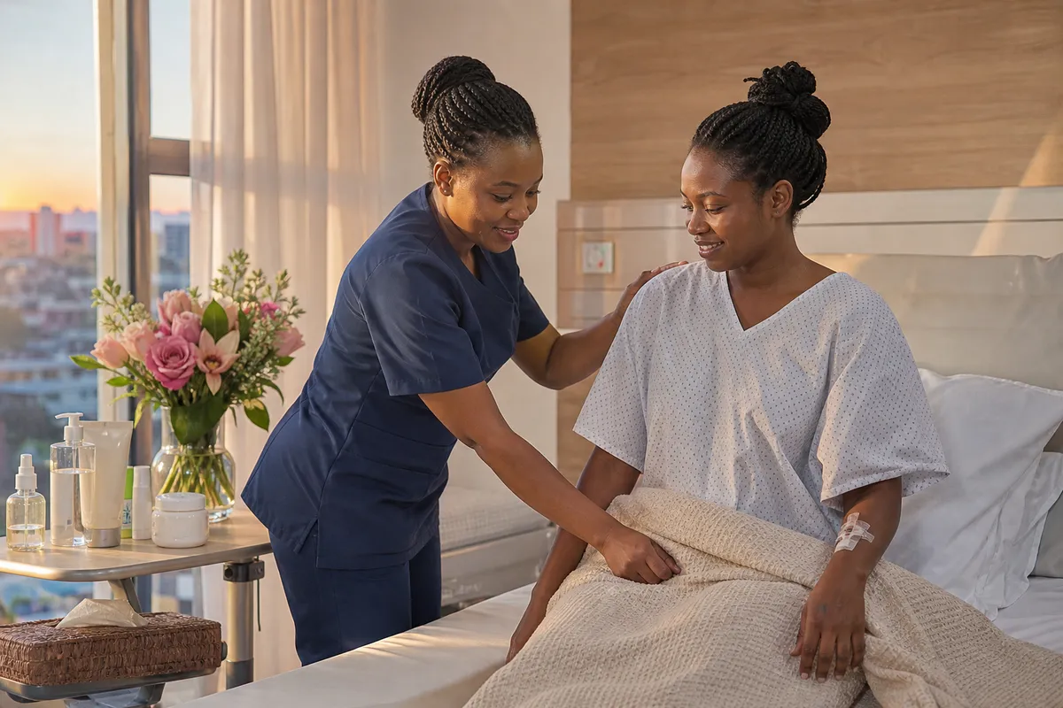 A Kenyan woman in a hospital gown sits on a bed as a nurse adjusts her blanket in a sunlit recovery room, with aftercare supplies and flowers nearby.