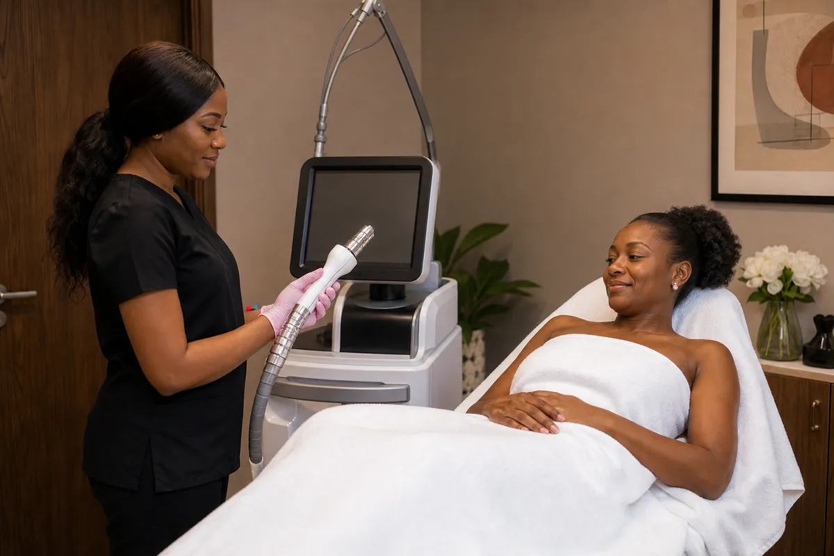 A Kenyan woman in her late thirties relaxes covered by a white sheet while a female practitioner prepares a handheld medical device in a serene, well-appointed Nairobi treatment room.
