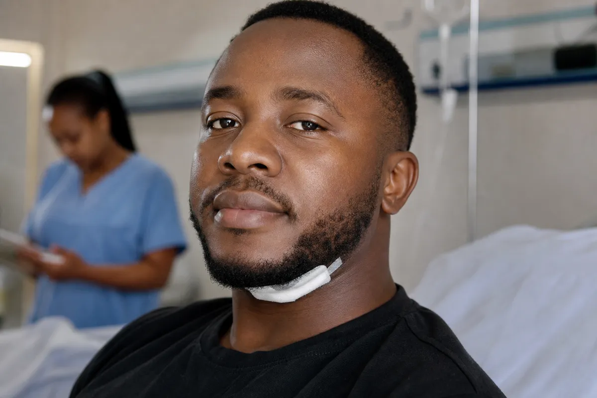 Kenyan man sitting upright after chin implant surgery with a small bandage under his chin and a nurse in the background.