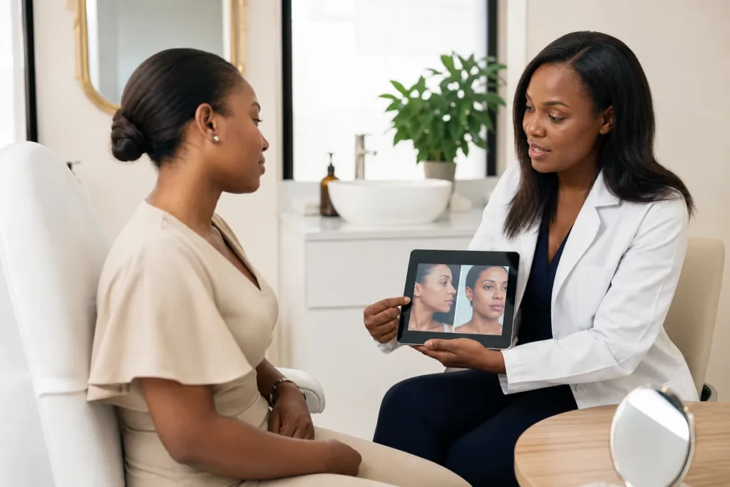 A Kenyan woman sits in a modern consultation room with a plastic surgeon reviewing facial diagrams on a tablet, highlighting her defined jawline and neck.