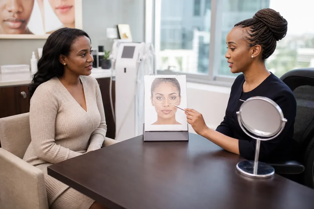 A Kenyan woman in her 30s listens to a plastic surgeon in a discreet, modern clinic as the surgeon explains lip procedures using a facial diagram.