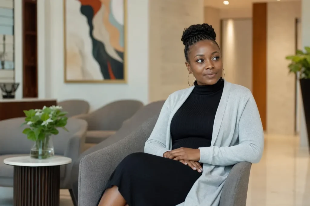 A confident Kenyan woman in her late twenties sits thoughtfully in a bright, modern clinic waiting room with comfortable seating and artwork on the walls.