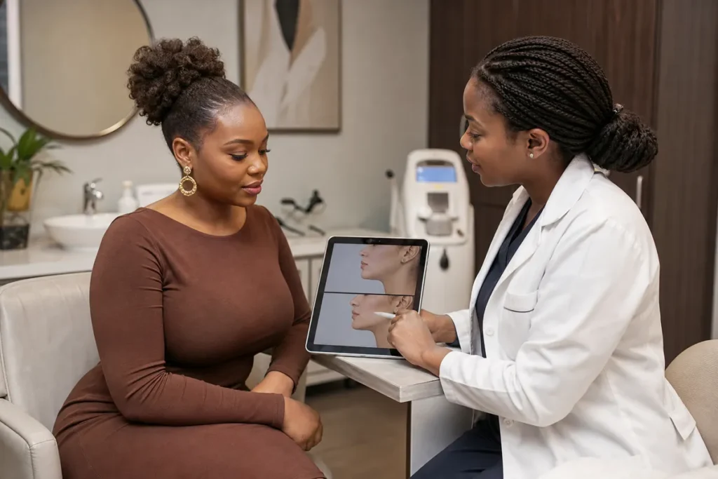A Kenyan woman and a plastic surgeon review jawline diagrams on a tablet together in a modern Nairobi clinic consultation room.