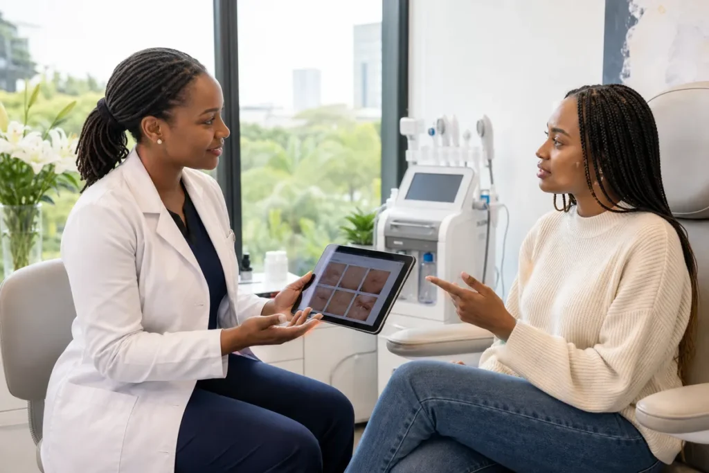 Kenyan female doctor discusses a chemical peel cost chart on a digital tablet with a young adult woman patient in a modern Nairobi clinic consultation room.