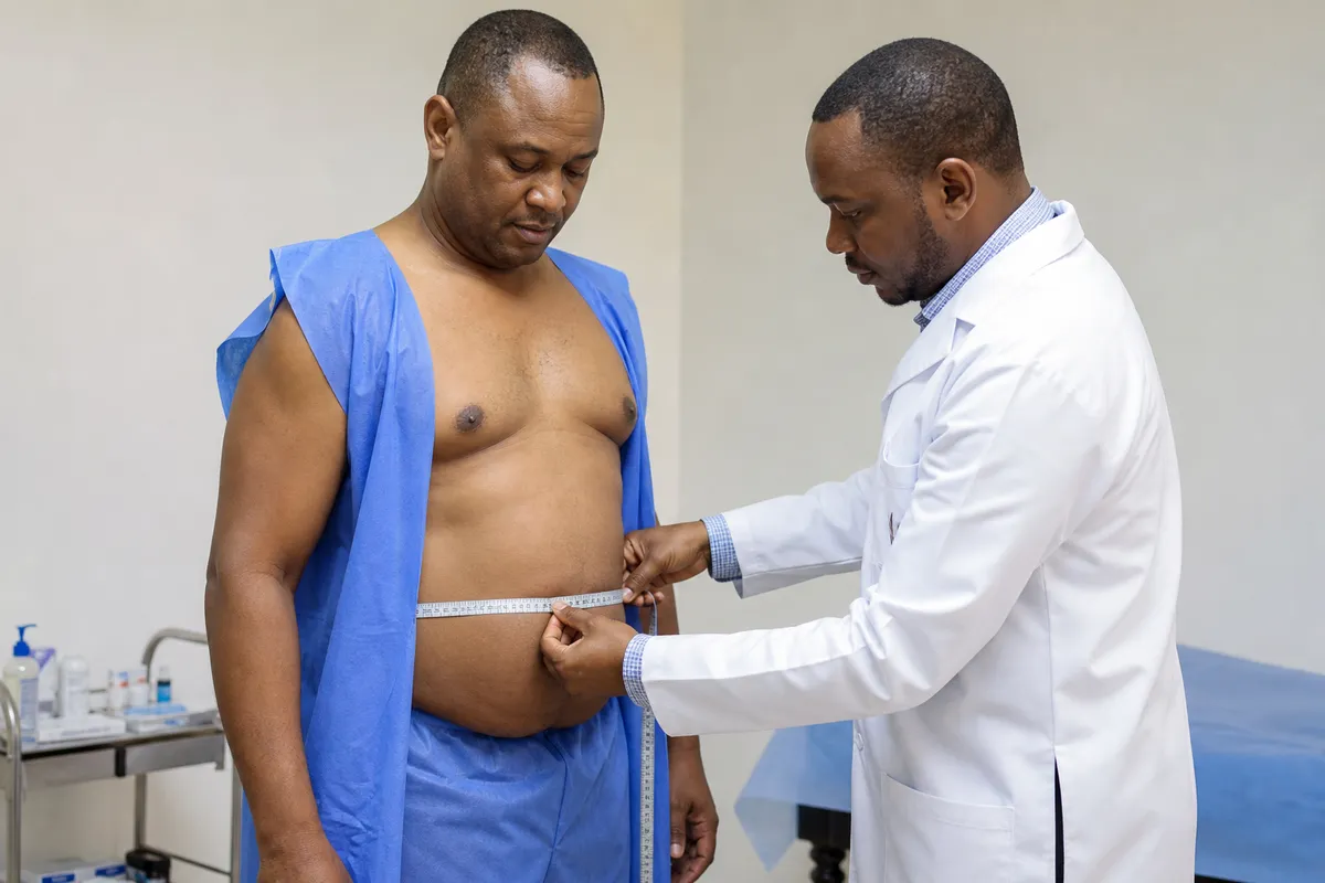 A Kenyan male plastic surgeon measures the torso of a middle-aged man draped in a modesty gown during a respectful clinic consultation.