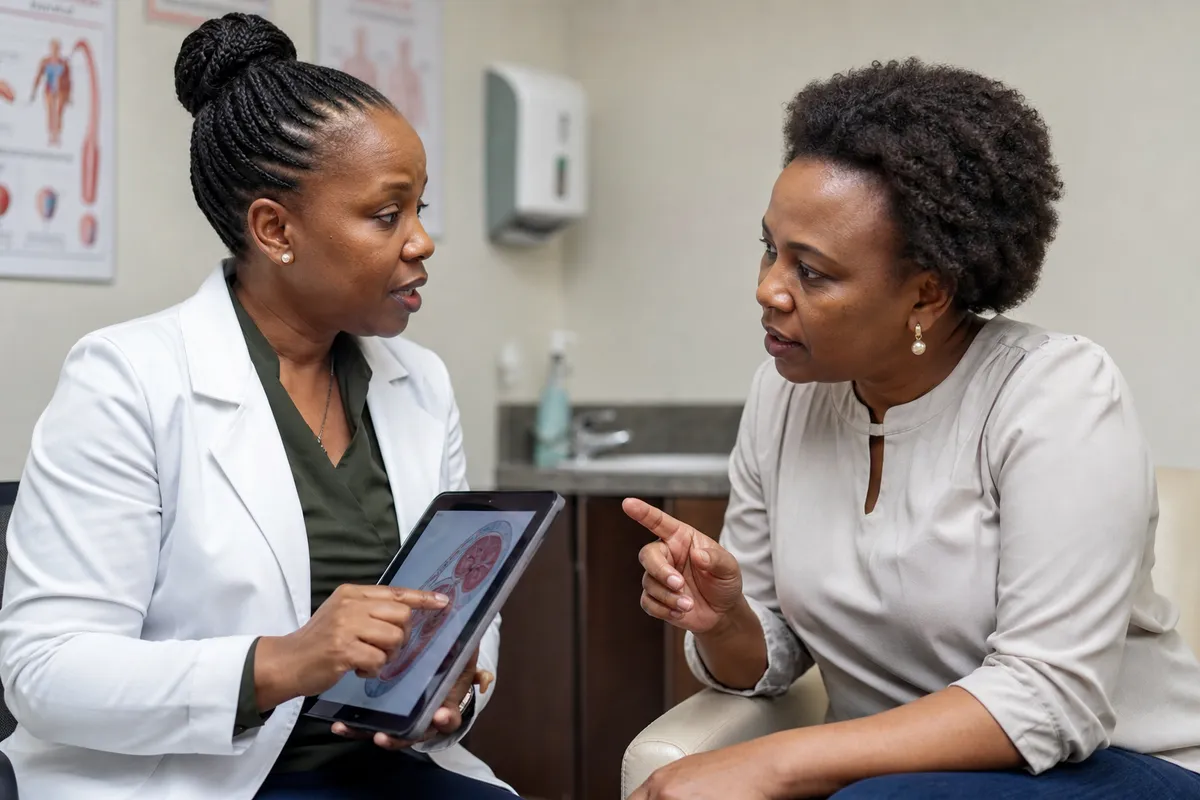 Kenyan medical professional shows health diagrams on a tablet to a thoughtful woman during a private clinic consultation.