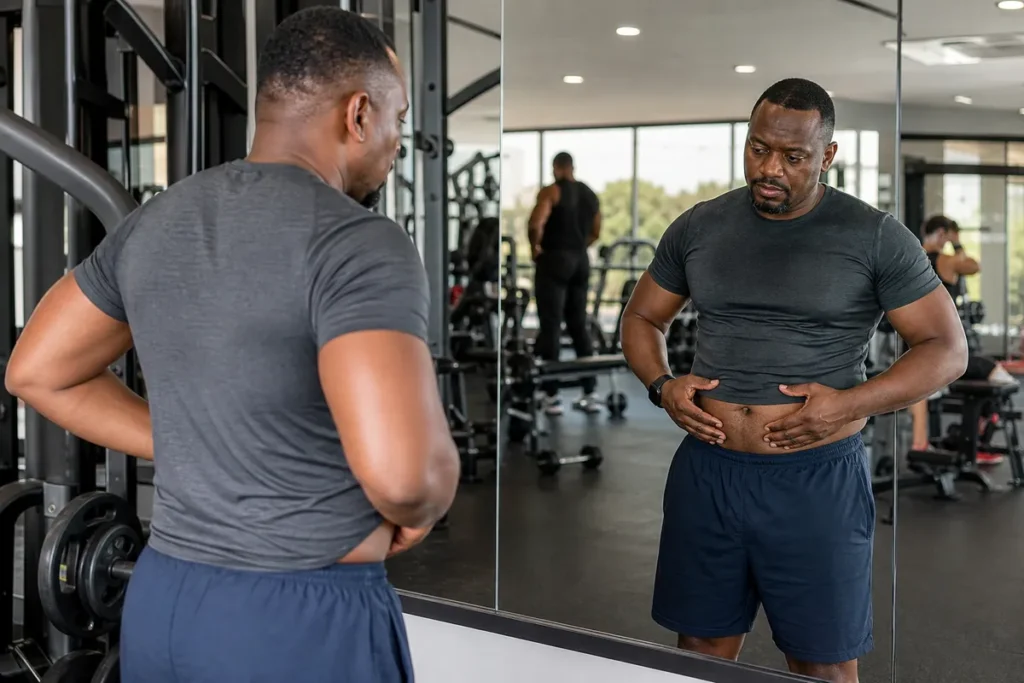 Kenyan man in his forties wearing athletic clothes examines his abdomen and flanks in a modern Nairobi gym while other people exercise in the background.