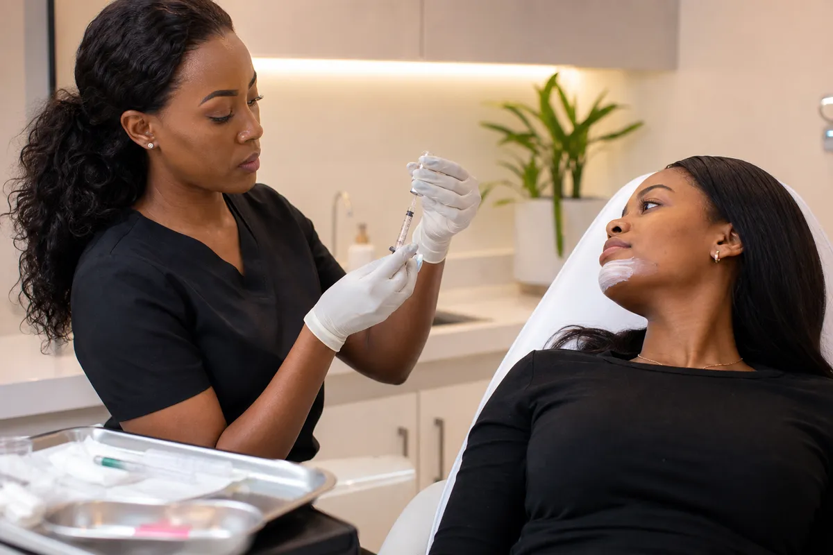 A Kenyan practitioner wearing gloves prepares a syringe of dermal filler while a young woman with numbing cream on her chin relaxes in a treatment chair.