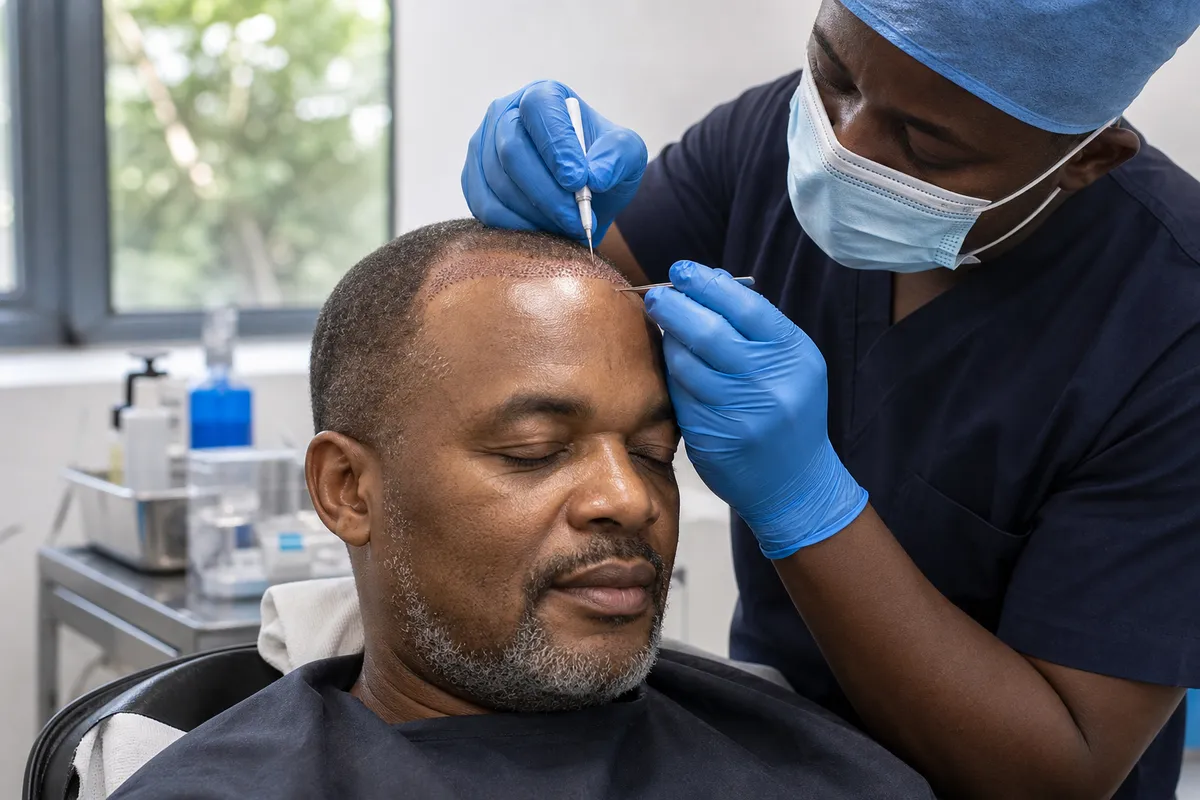 A Kenyan man in his fifties sits calmly while a medical professional performs a minimally invasive hair transplant at a modern clinic, with precise instruments and sterile surroundings visible.