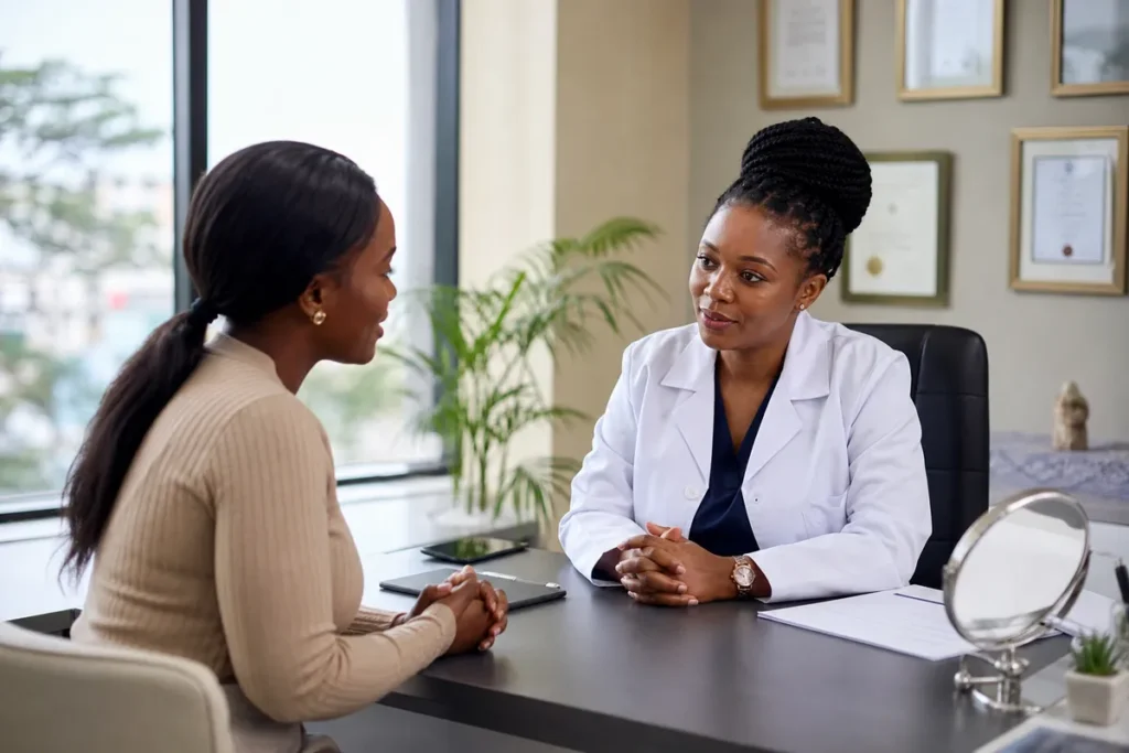 A Kenyan woman speaks with a professional surgeon in a calm, sunlit plastic surgery consultation room featuring medical certificates and greenery.