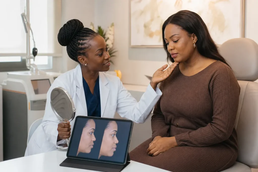 A Kenyan plastic surgeon and an adult Kenyan woman discuss facial options in a serene consultation room, with the doctor showing her a mirror and a tablet displaying facial images.