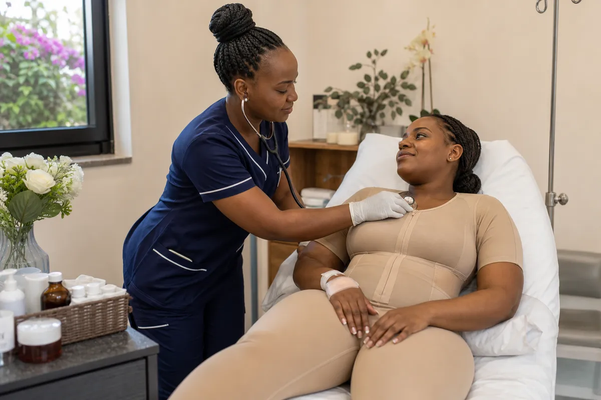A young Kenyan woman wearing a medical compression garment rests on a recovery bed as a nurse gently checks her vitals in a softly lit, organized recovery room.