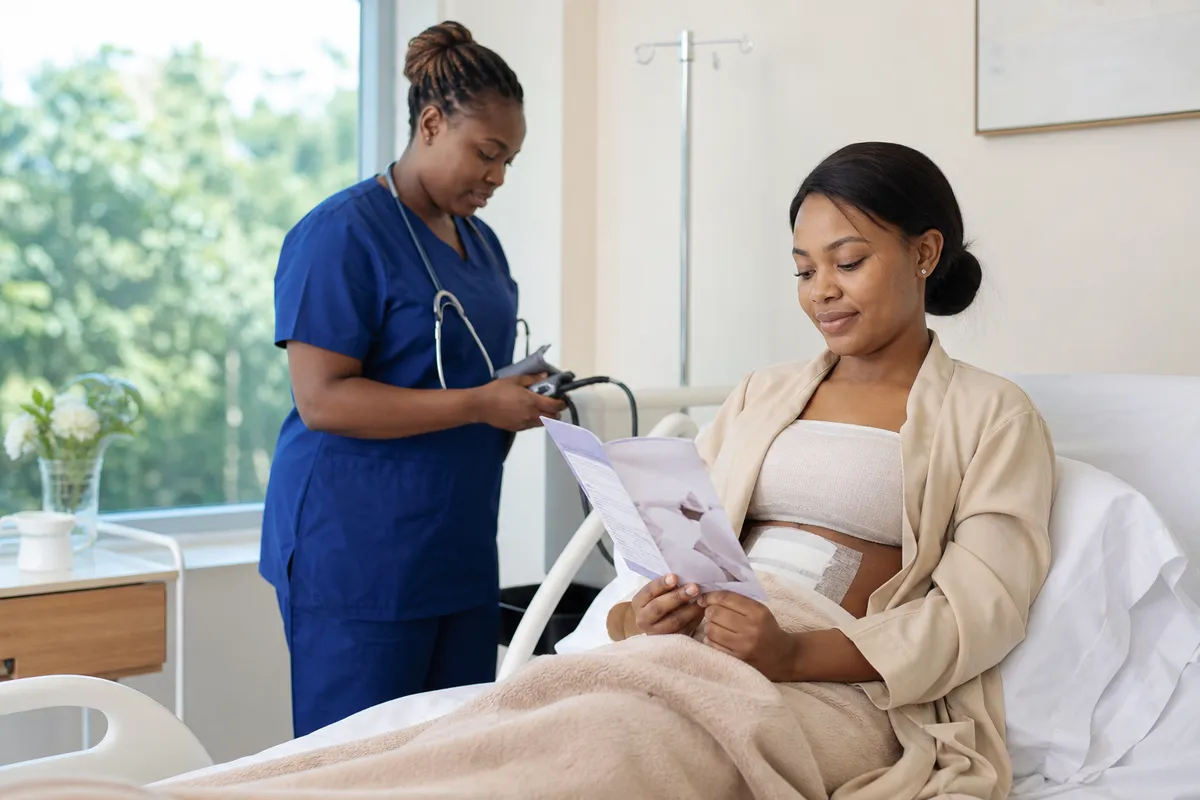 A Kenyan woman in her late twenties sits upright on a recovery bed in a softly lit room, wearing a loose robe with light dressings on her abdomen and chest, reading a leaflet while a nurse checks her vitals.
