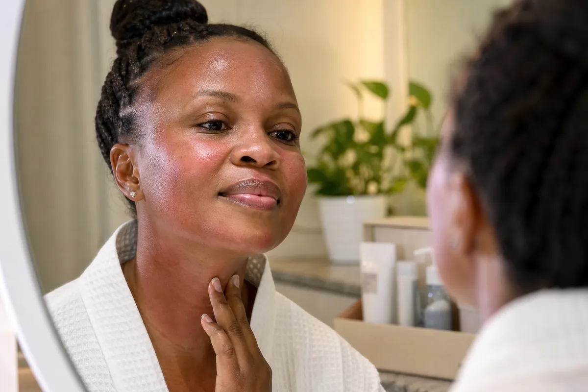 Kenyan woman in her thirties examines her gently reddened skin in a clinic mirror after a non surgical skin tightening session.