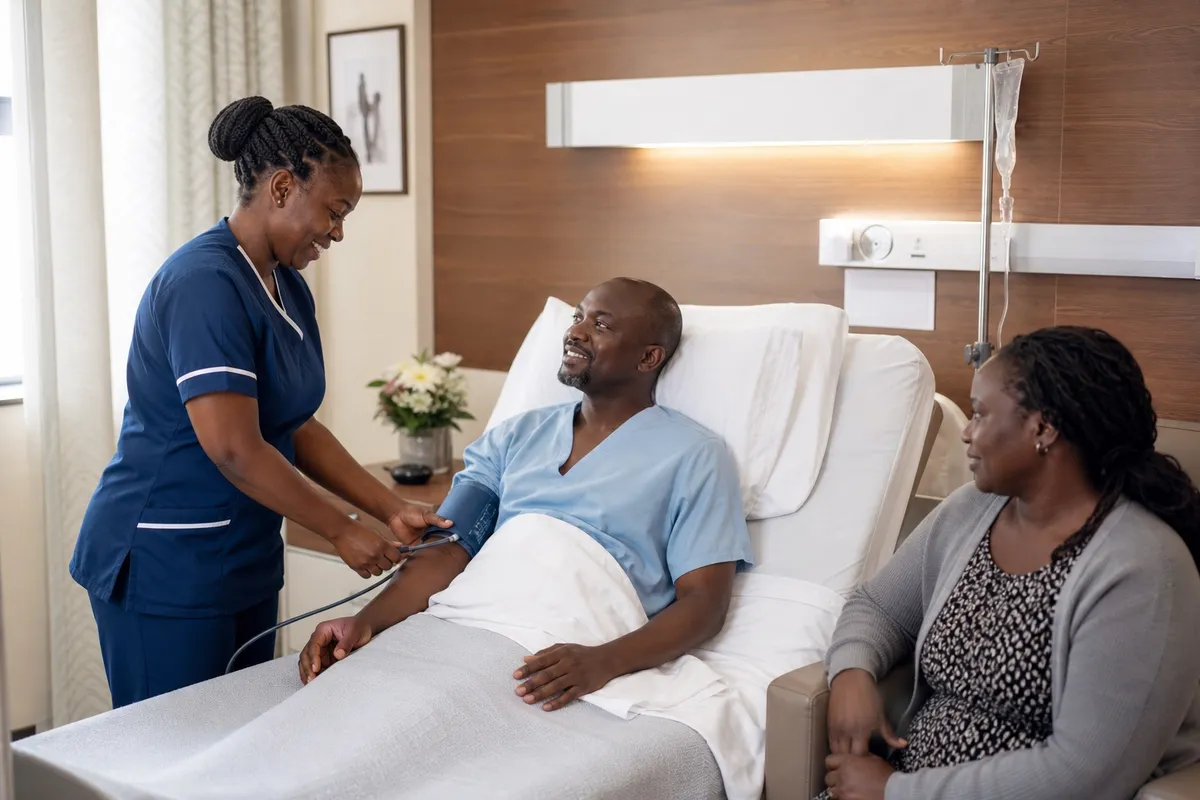 A Kenyan man rests in a bright clinic recovery room post-surgery, while a nurse checks his vitals and a concerned relative sits nearby.