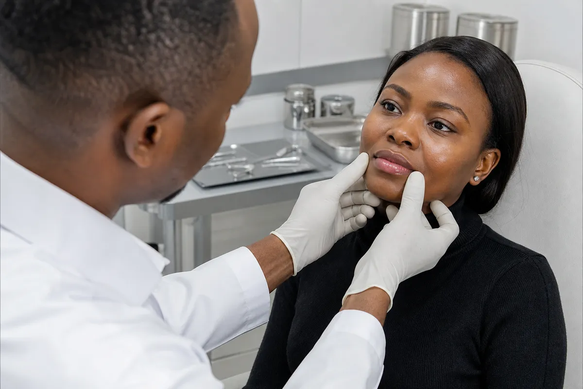 A Kenyan plastic surgeon wearing gloves assesses an adult patient's lips in a clean clinic environment with medical tools in the background.