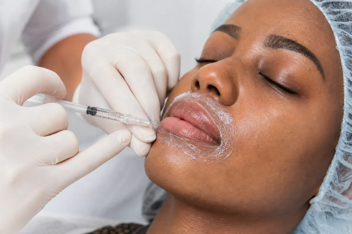 A gloved hand gently injects clear filler into the upper lip of a Kenyan patient, who appears calm and comfortable in a bright clinical room.