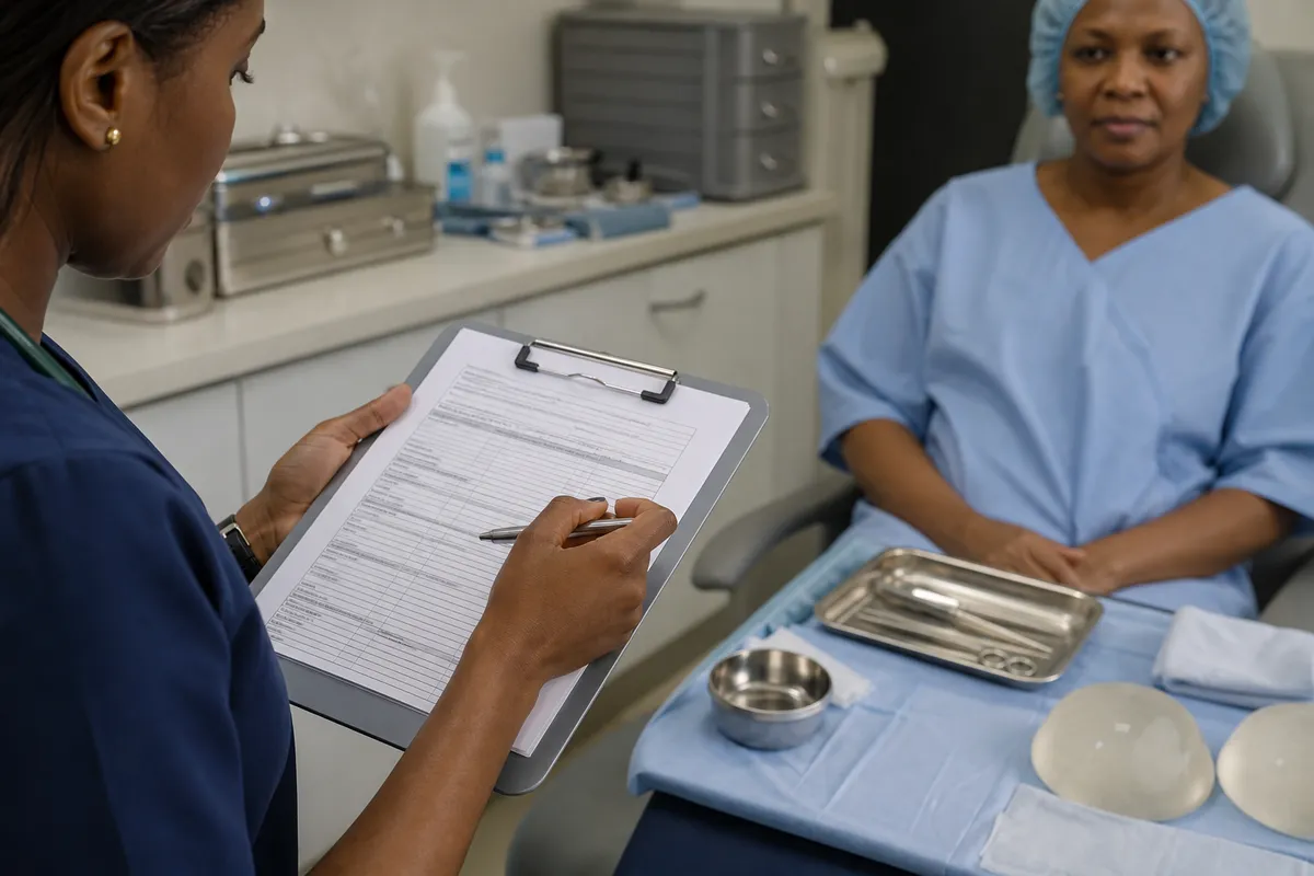 Kenyan female surgeon reviews a patient’s preoperative chart while the patient waits in the background, highlighting careful preparation in a Nairobi plastic surgery clinic.