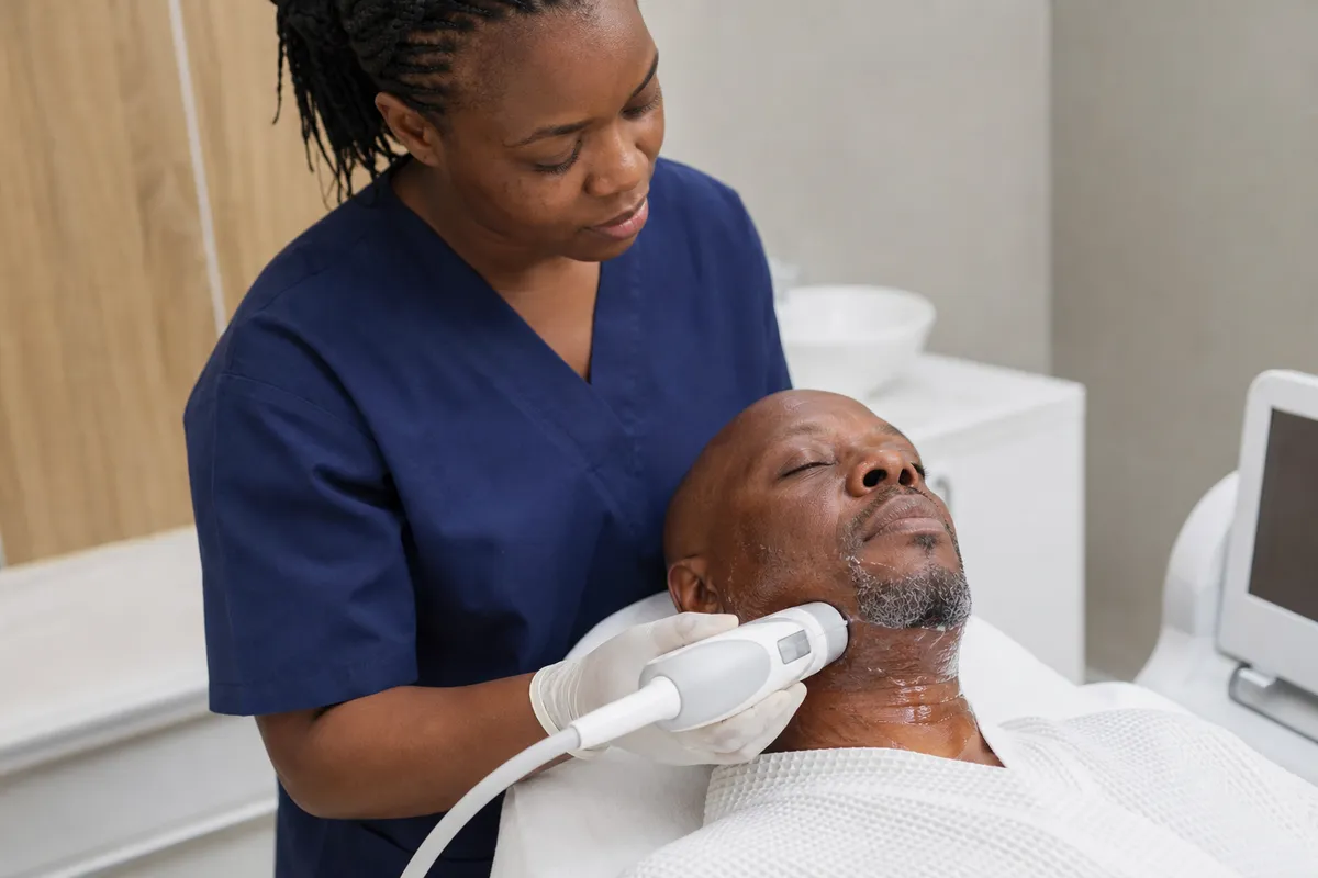 A nurse in scrubs uses a handheld radiofrequency device on a Kenyan man's jaw and neck as he reclines on a clinic bed with gel on his skin.