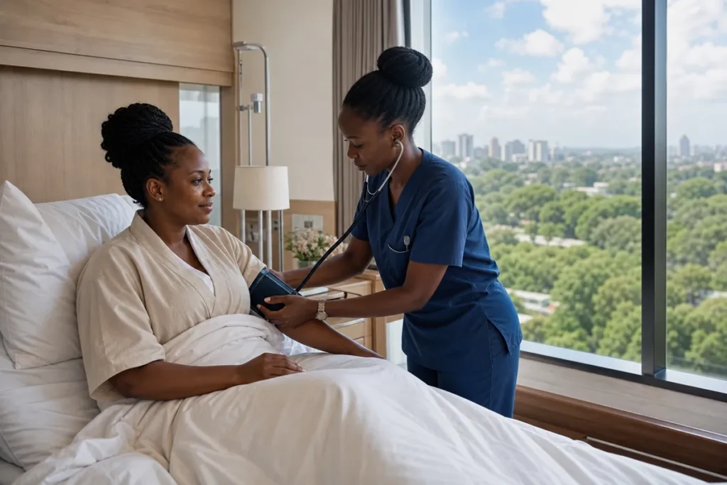 A Kenyan woman in a loose robe sits upright in a sunlit private hospital room after tummy tuck surgery, attended discreetly by an African nurse checking her vitals.