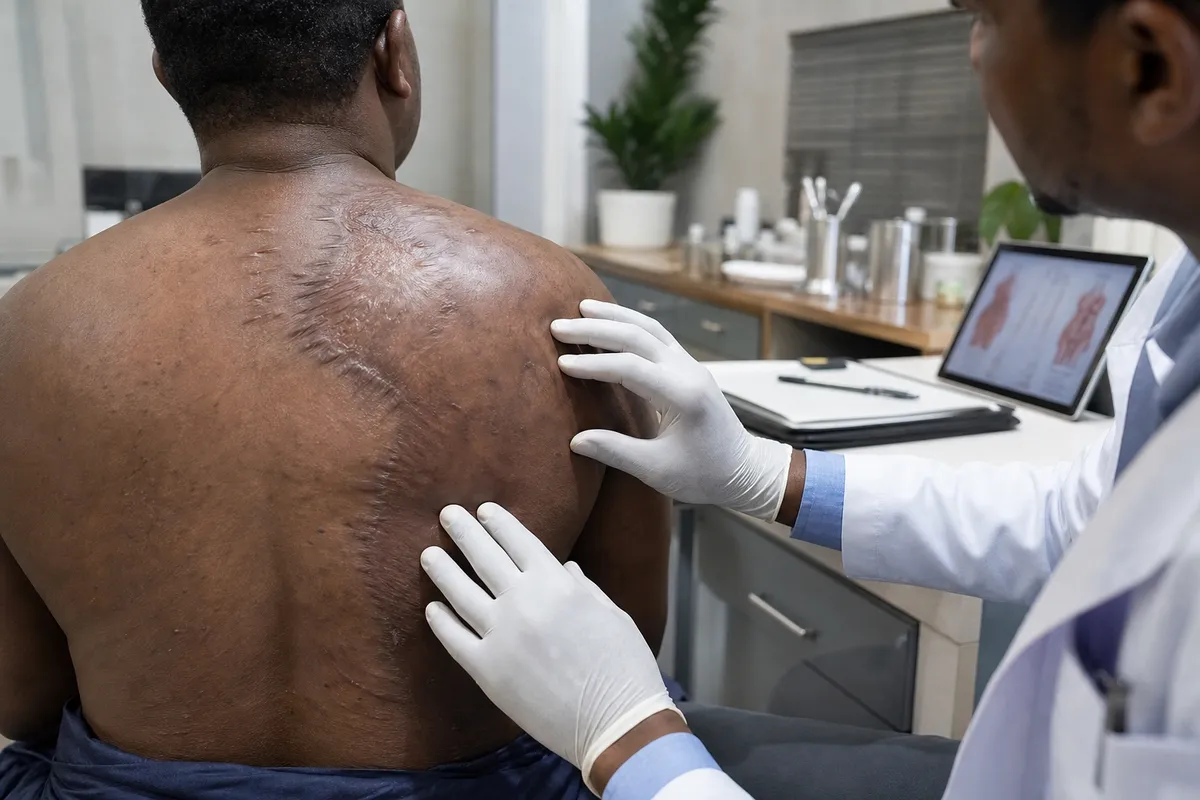 A plastic surgeon in sterile gloves gently examines a healed scar on a Kenyan man's upper back and shoulder during a clinical assessment, with medical tools and diagrams visible in a modern Nairobi clinic.