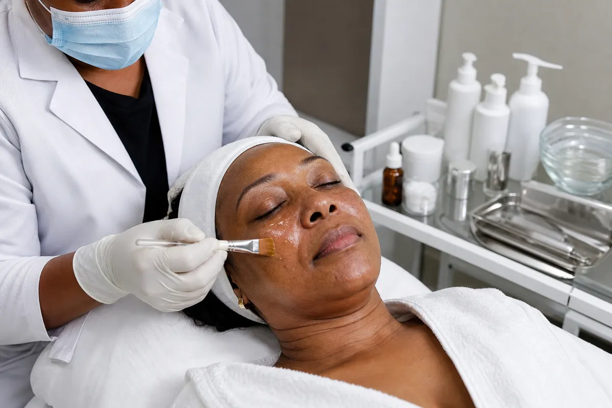 A middle-aged Kenyan woman receives a chemical peel as a gloved specialist applies solution to her face in a clean, well-equipped treatment room.
