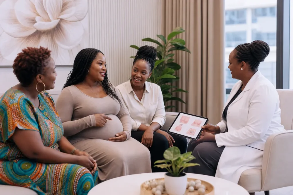 Three Kenyan women of different ages and body types discuss mommy makeover procedures with a female plastic surgeon in a modern, comfortable Nairobi clinic consultation room.