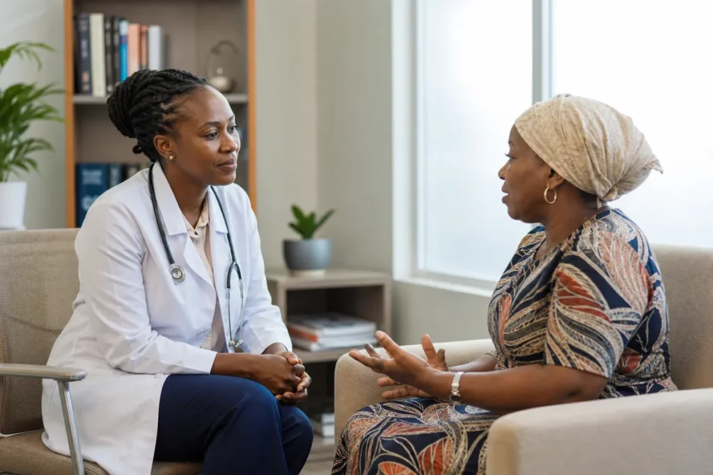 A Kenyan female doctor attentively listens to a mid-aged Kenyan woman in a sunlit, modern consultation room with medical books and discreet décor.