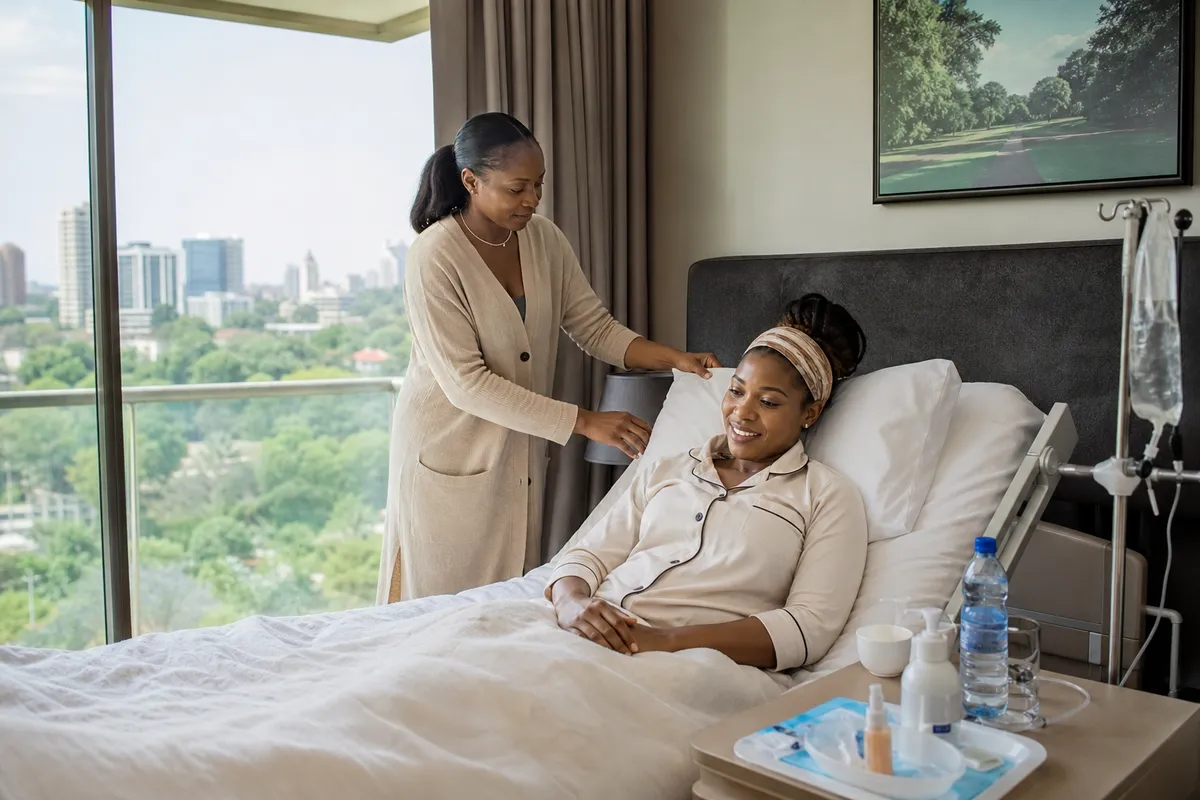 A Kenyan woman in comfortable loungewear rests in a well-appointed Nairobi suite, with a friend gently adjusting her pillow and city views framed by large Windows.