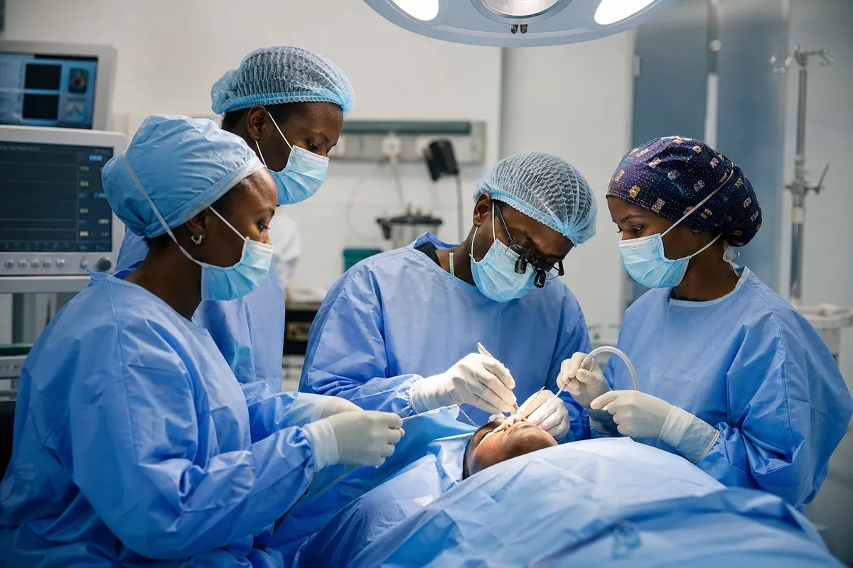 A Kenyan surgical team in sterile scrubs and masks conducts a cosmetic procedure in a well-equipped, brightly lit operating room focused on safety protocols.