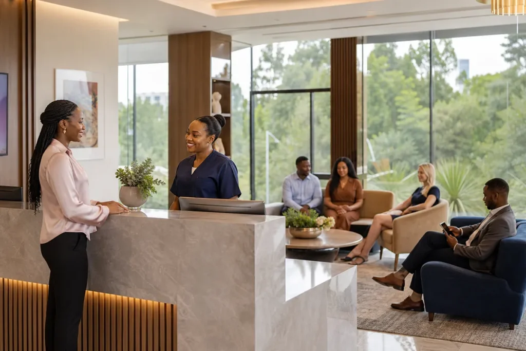 A friendly healthcare receptionist welcomes a Kenyan woman in a modern clinic lobby, with diverse patients waiting and greenery visible through the Windows.